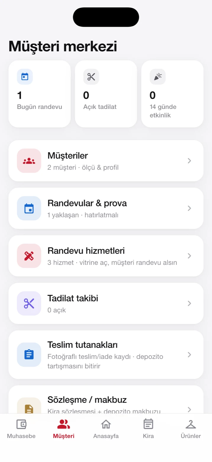 Müşteri merkezi: prova, tadilat, ölçü ve teslim tutanağı